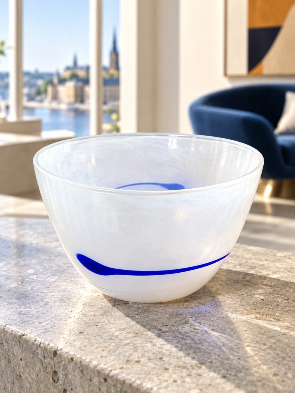 Skruf Sweden Ingegerd Råman Opal Glass Bowl Cobalt Blue Thread 14cm